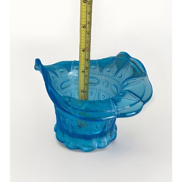 Vintage Kemple Blue Glass Basket Hat Vase Lace Dew Drop Pattern Lace N Dewdrop - Picture 10 of 13